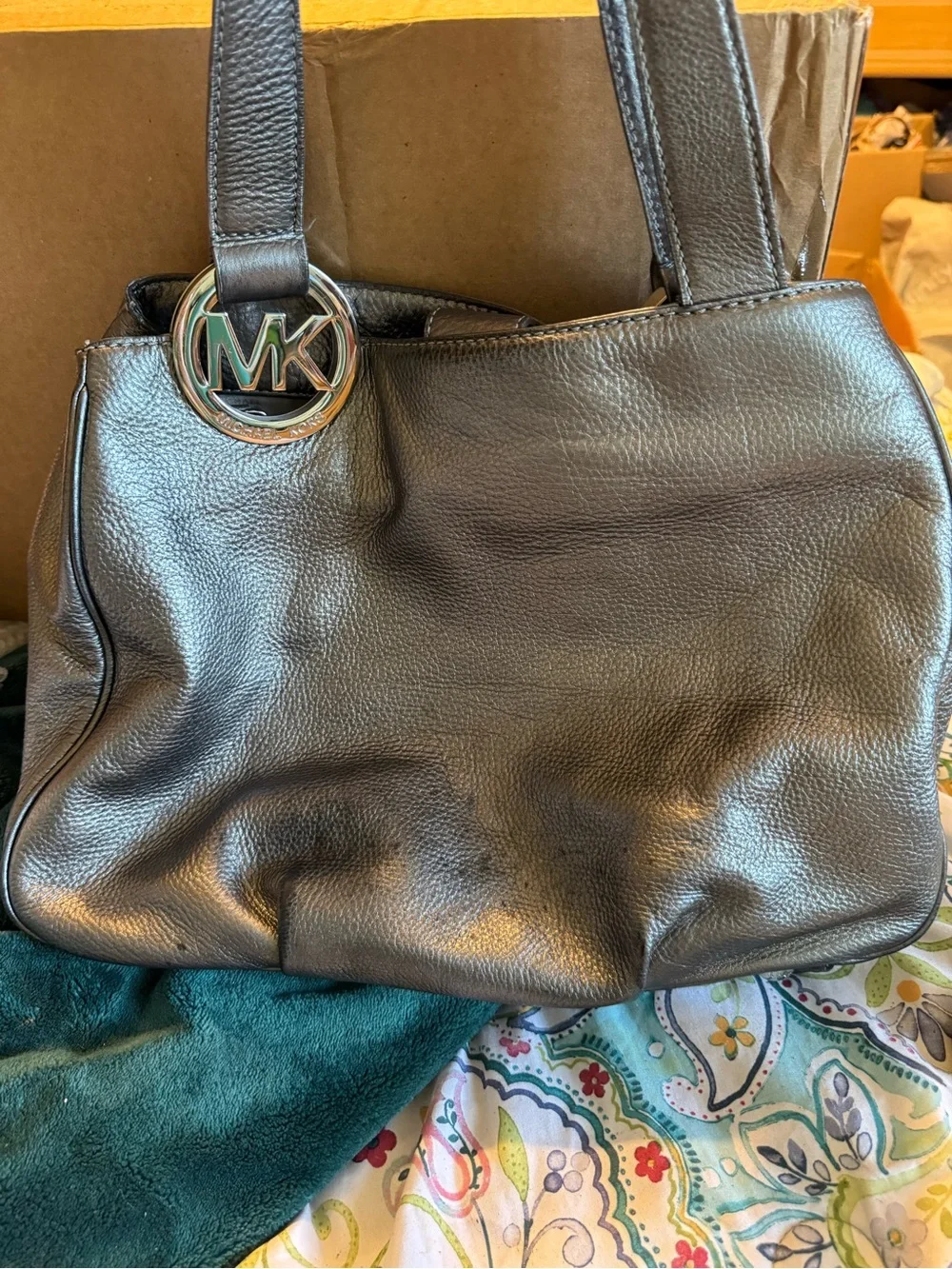 Michael Kors Silver Metallic Fulton Leather Shoulder Tote